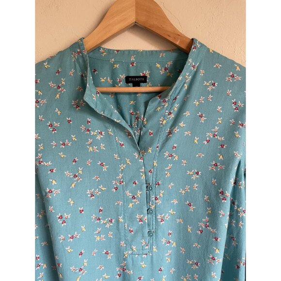 Talbots Size Medium Turquoise Teal Blue Ditsy Floral Popover Top 100% Cotton - Picture 4 of 6